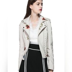 Beige Floral Embroidered Stuffed Faux Leather Moto Jacket